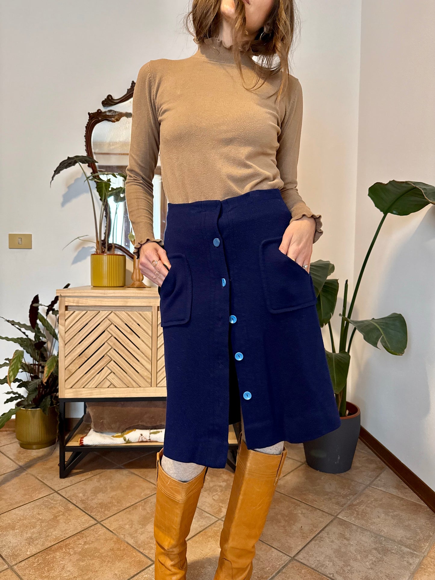 1960's blue knit wool midi skirt with light blue button details