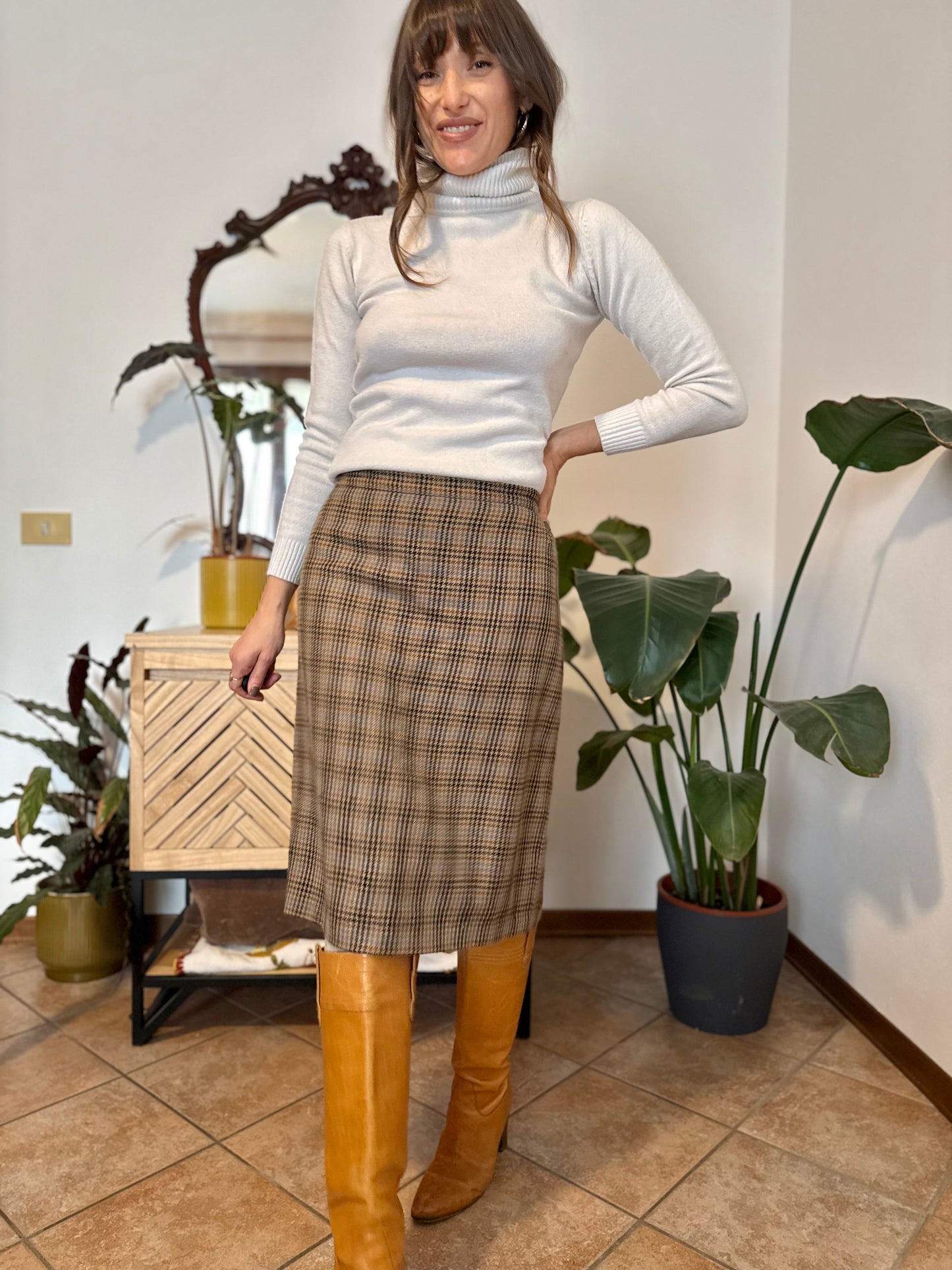 1970's vintage chocolate brown, green and blue plaid wool midi skirt