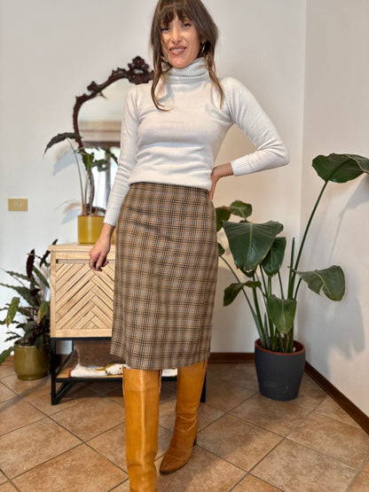 1970's vintage chocolate brown, green and blue plaid wool midi skirt