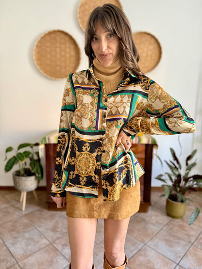 1990's vintage gold, green and yellow satin tassel print blouse