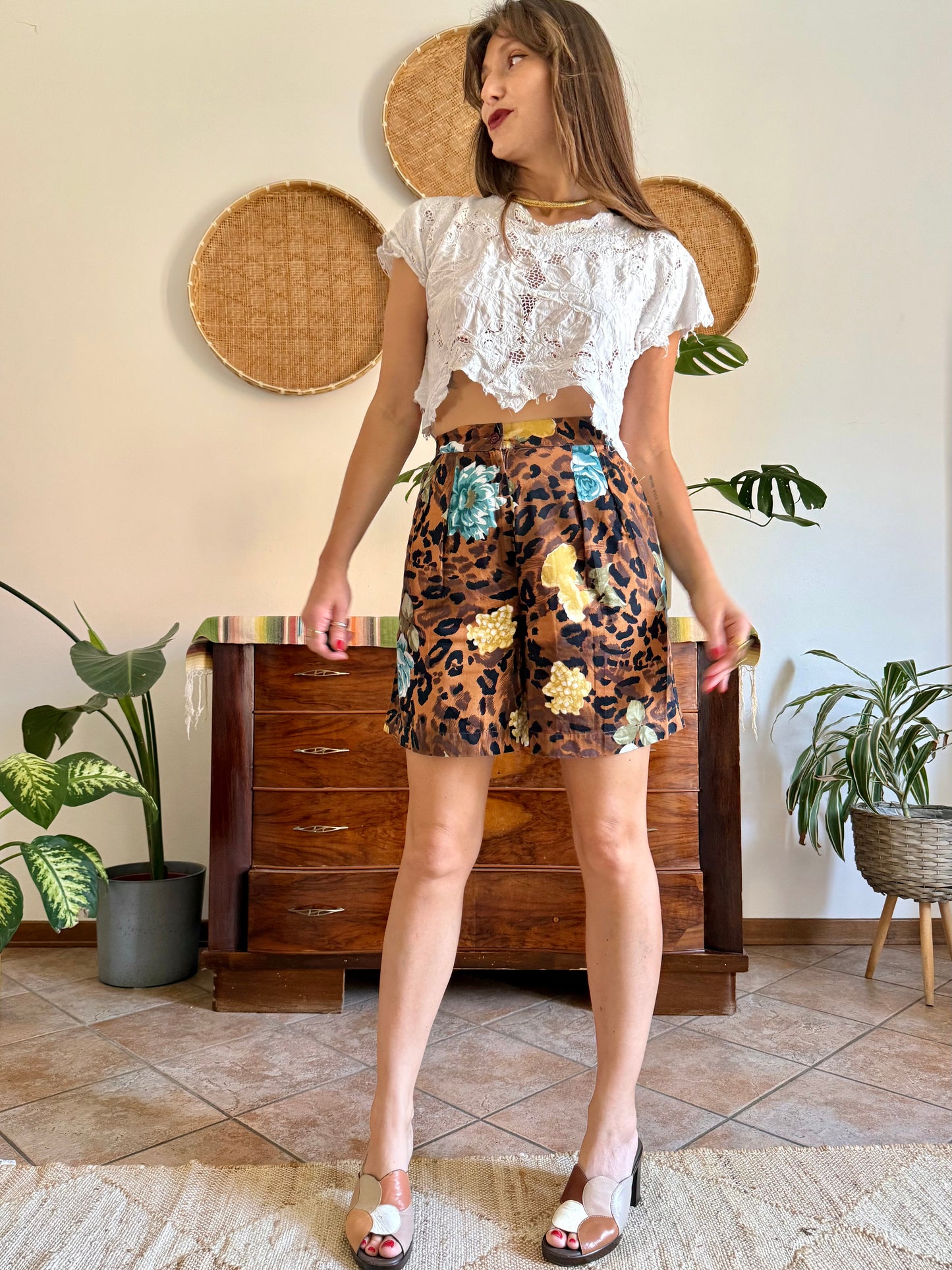 1980’s vintage leopard and floral print pleated front shorts