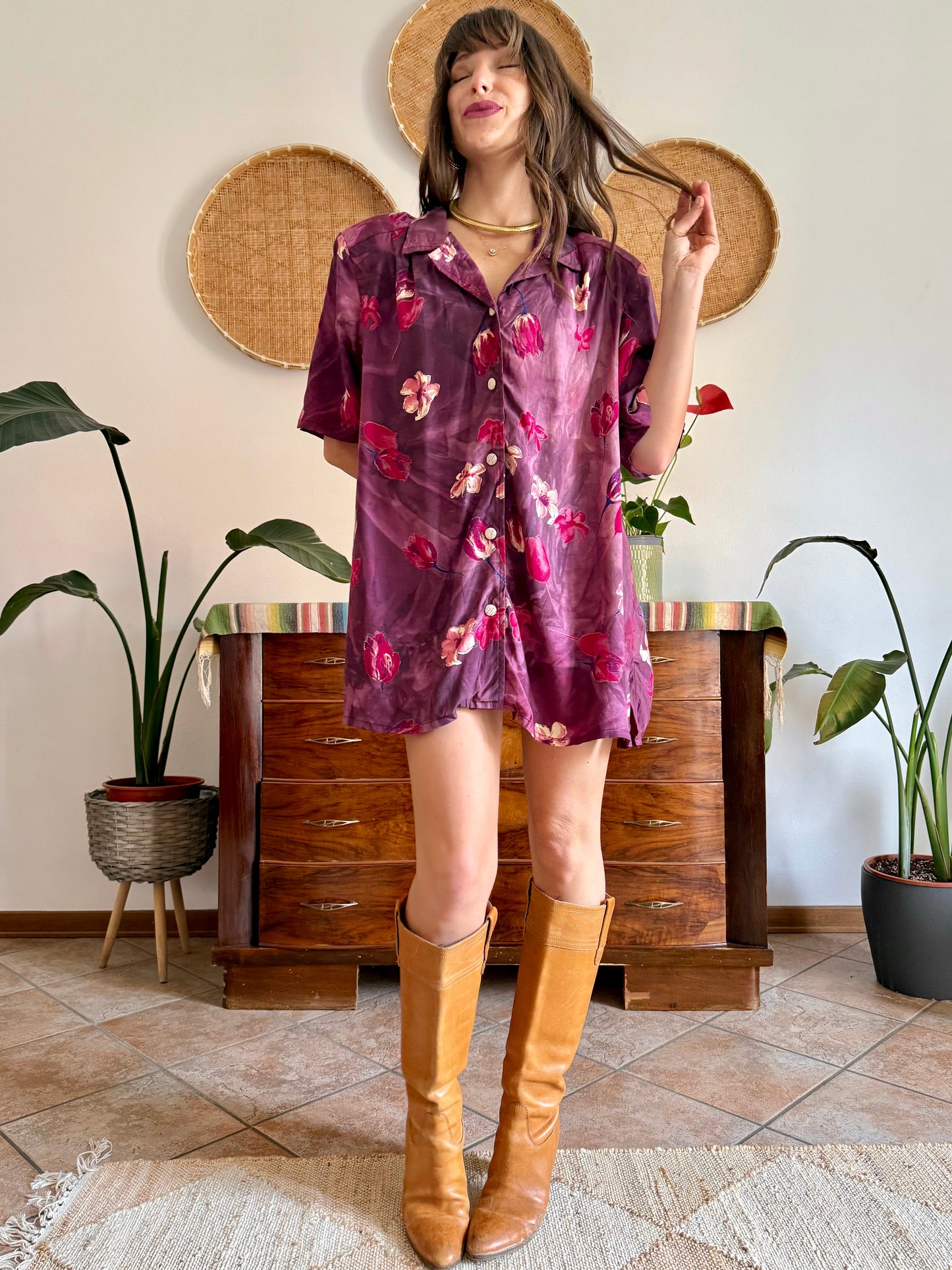 1980’s vintage fucsia and purple multi tonal floral shirt dress
