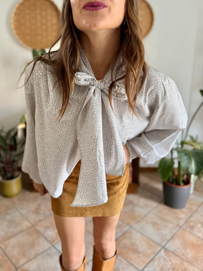 1970's vintage grey and white polkadot bow tie blouse