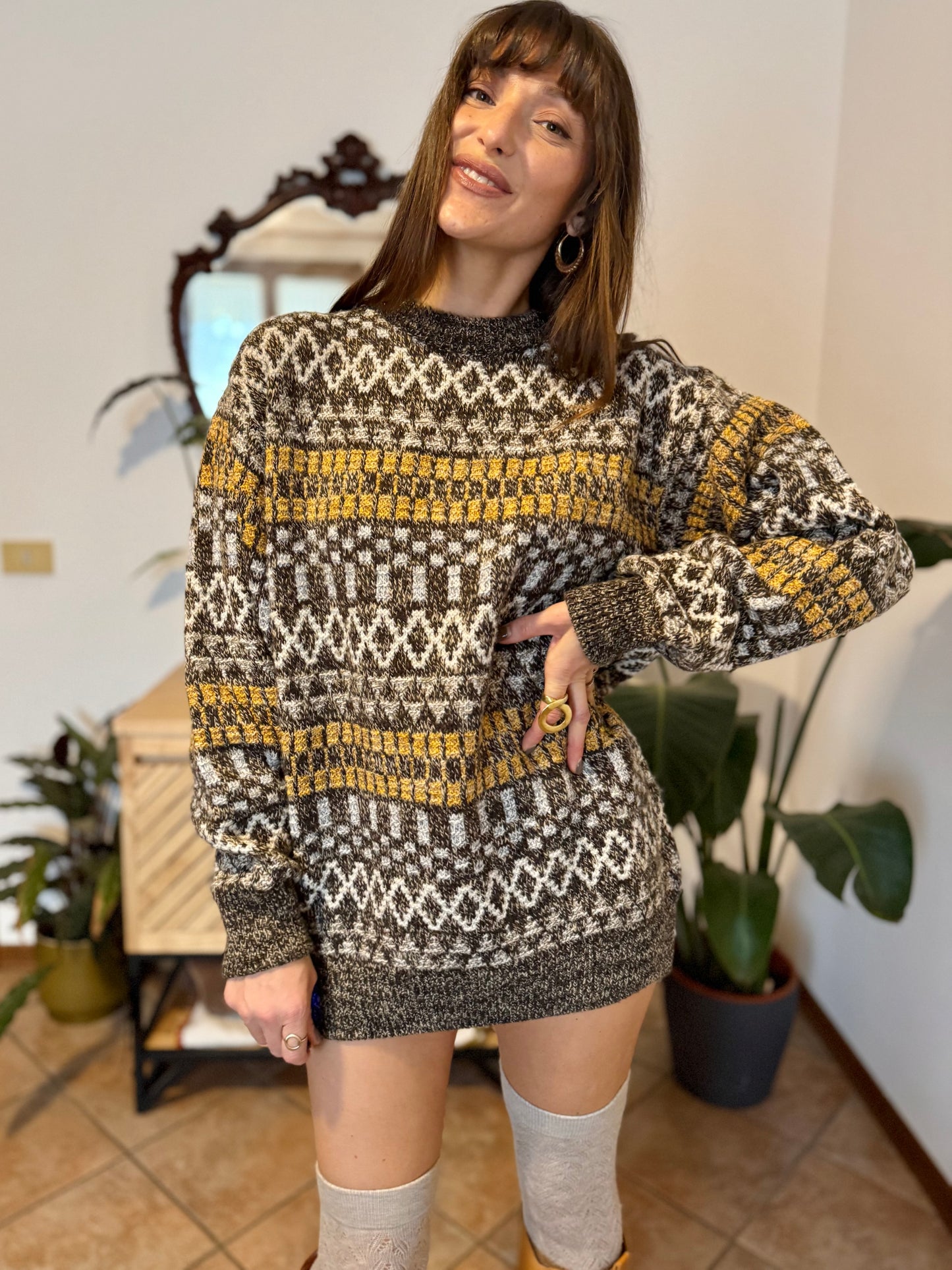 1970's vintage chocolate brown and mustard yellow geometric knit wool pullover