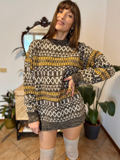 1970's vintage chocolate brown and mustard yellow geometric knit wool pullover