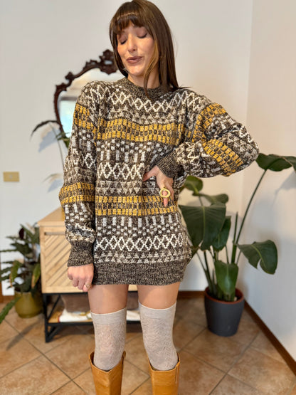 1970's vintage chocolate brown and mustard yellow geometric knit wool pullover