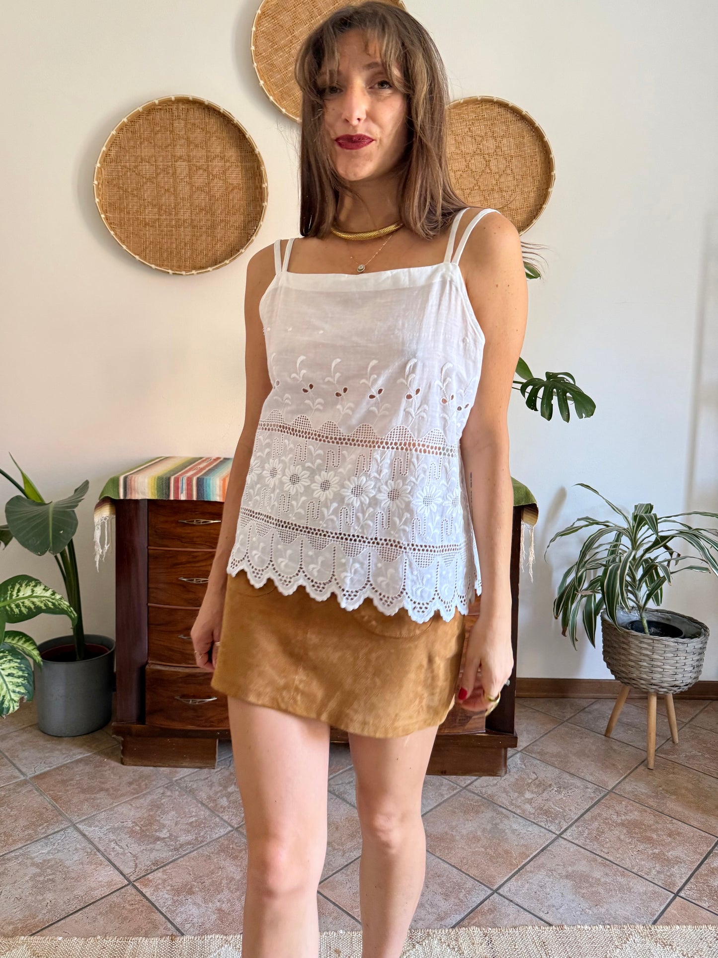 1970's vintage white crocheted and embroidered floral cotton top