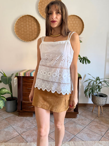 1970's vintage white crocheted and embroidered floral cotton top
