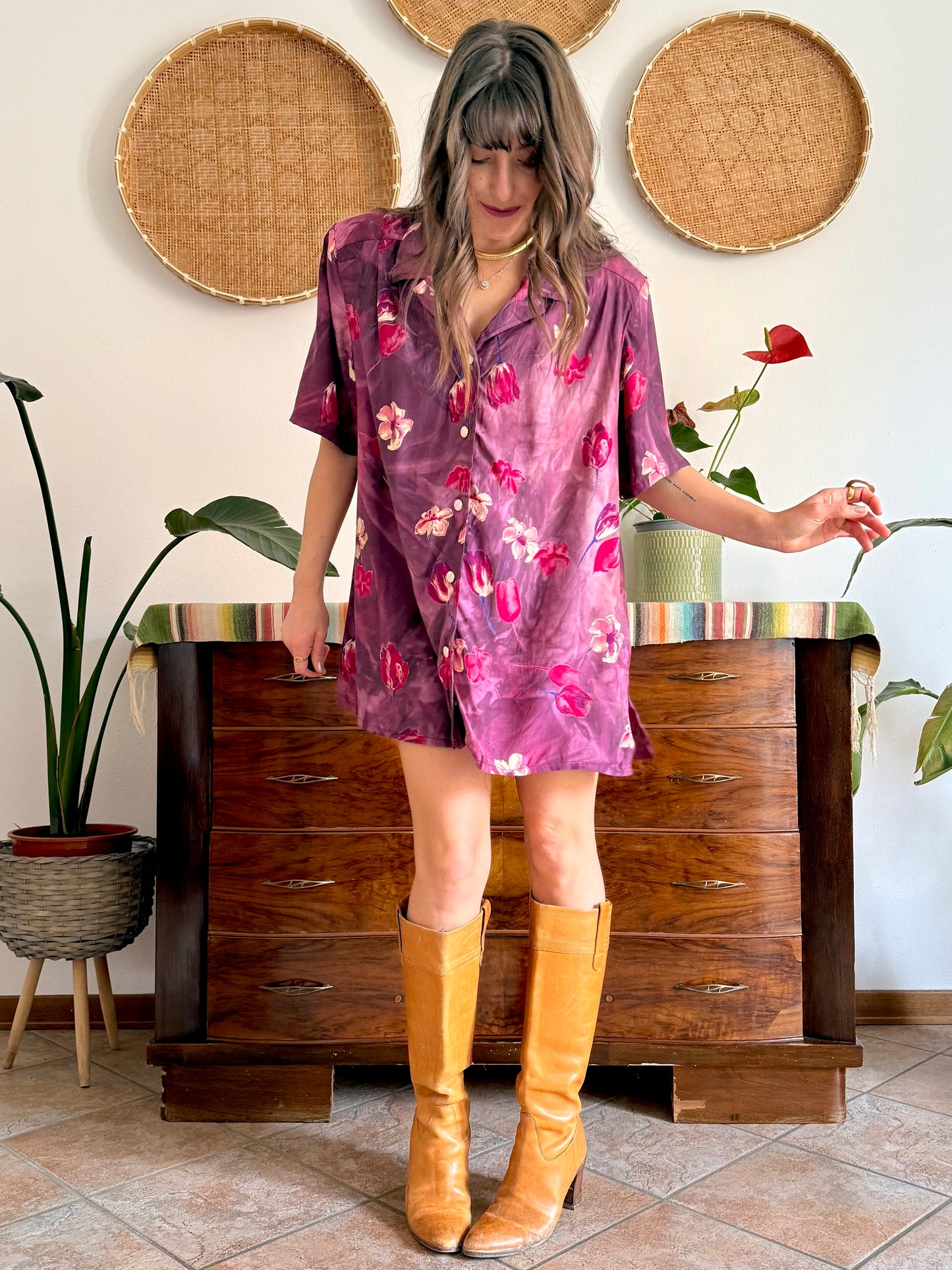 1980’s vintage fucsia and purple multi tonal floral shirt dress