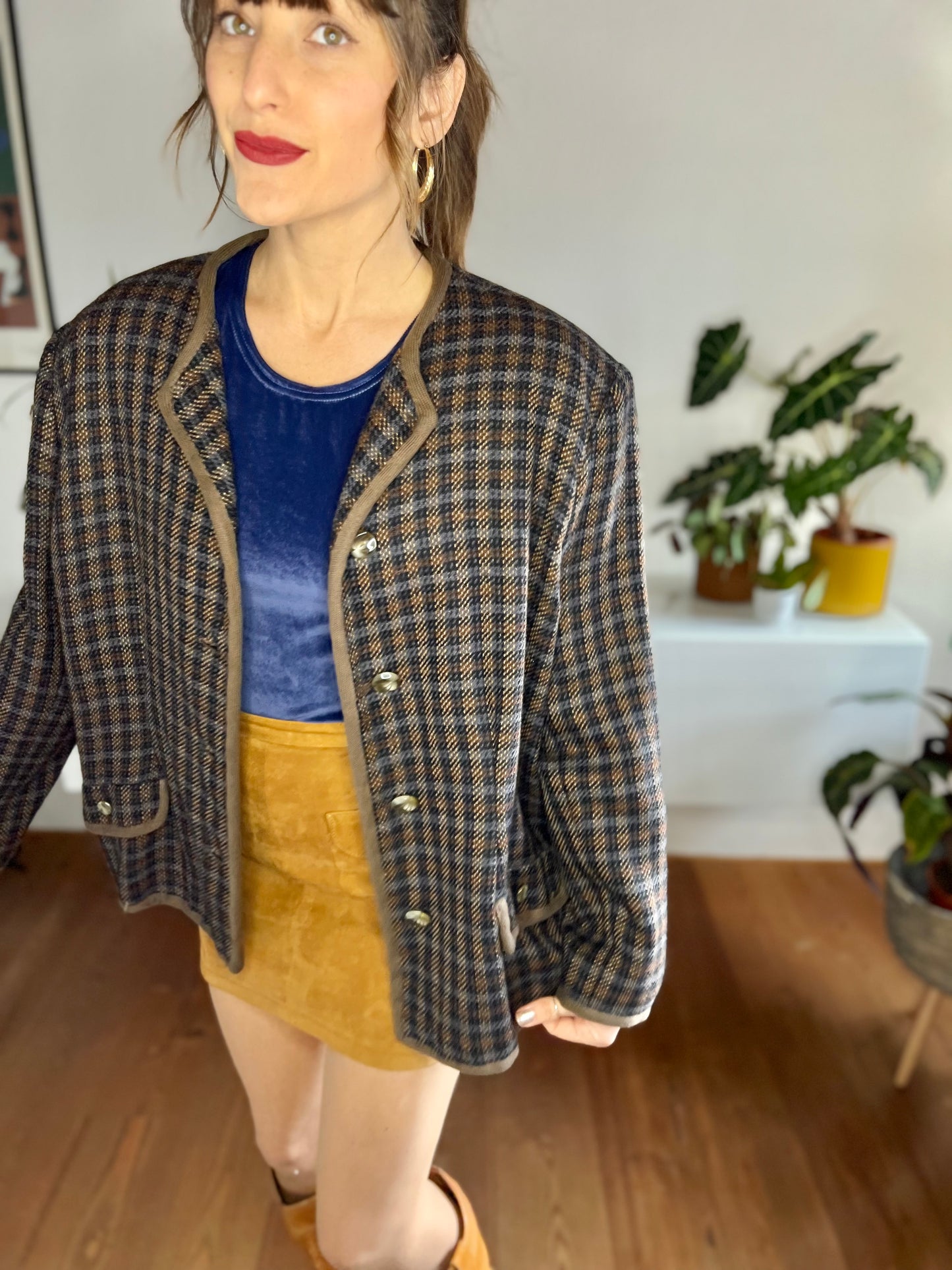 1970's vintage brown and blue oversize plaid wool blazer