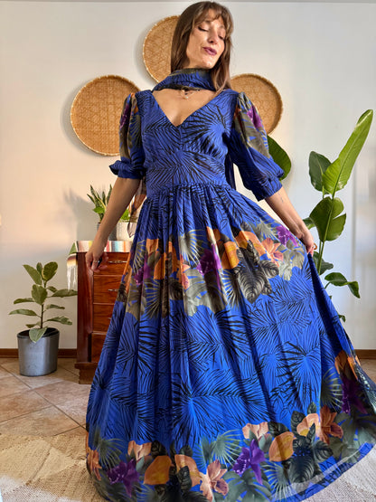 1960’s vintage blue floral silk evening gown with matching scarf and belt
