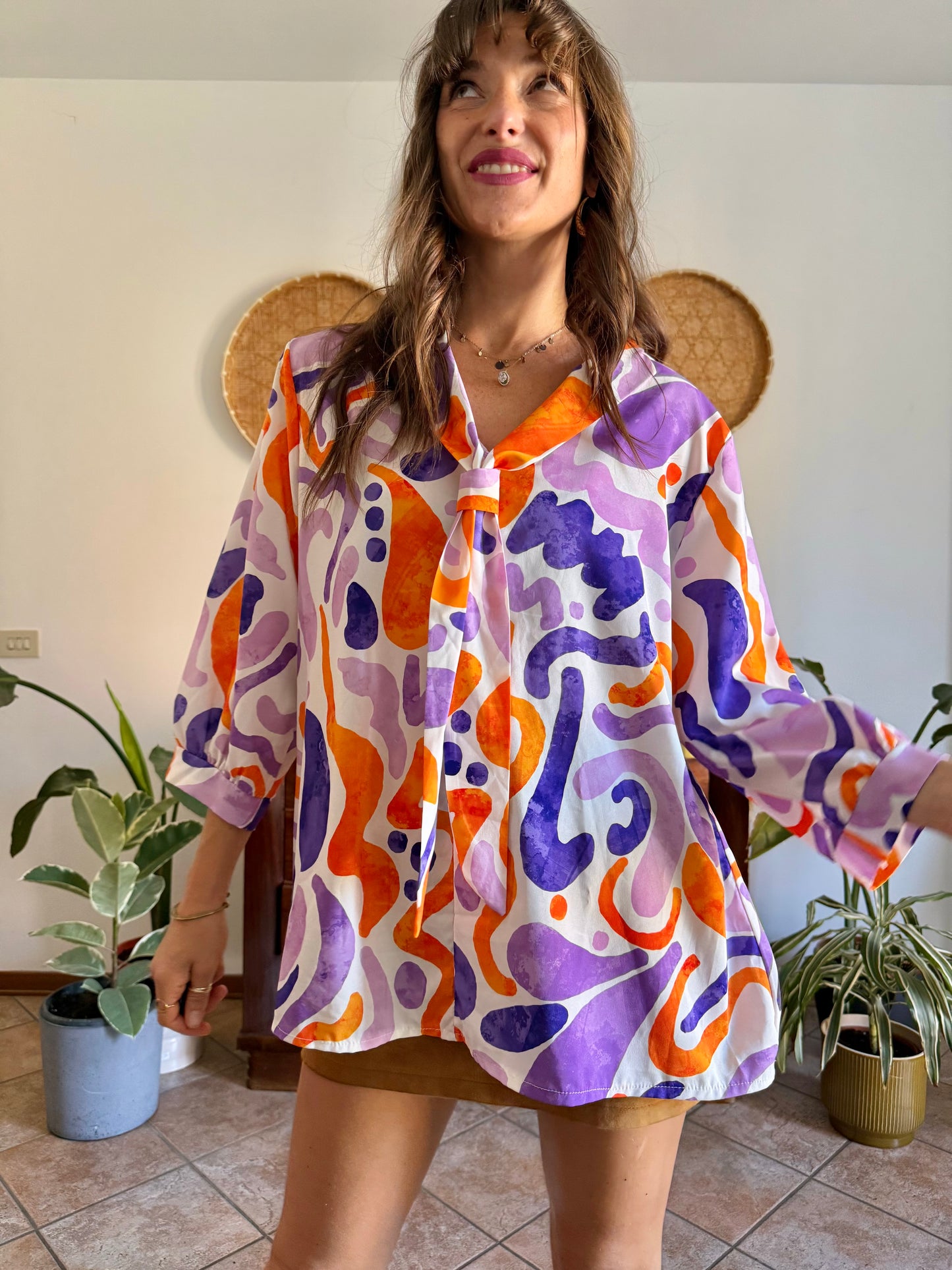 1970's vintage purple, orange and cream abstract print tie neck blouse