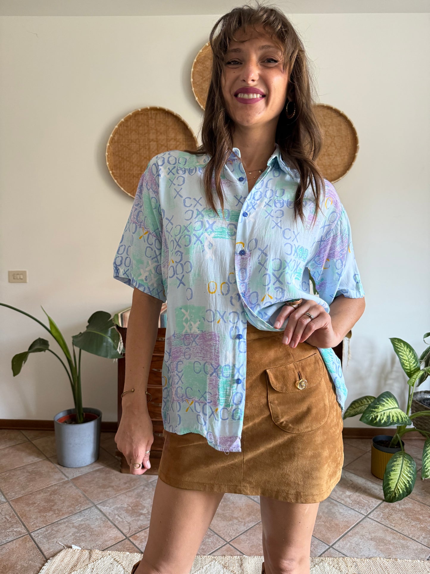 1990’s vintage lilac, turquoise and light blue geometric print blouse