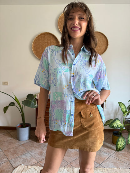 1990’s vintage lilac, turquoise and light blue geometric print blouse