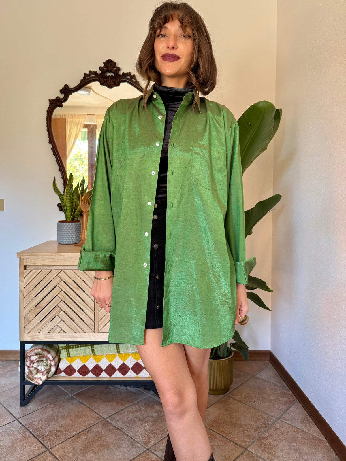 1970’s vintage oversize green and brown iridescent silk blouse