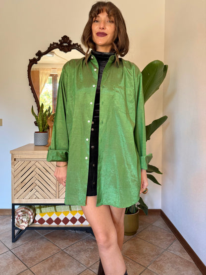 1970’s vintage oversize green and brown iridescent silk blouse