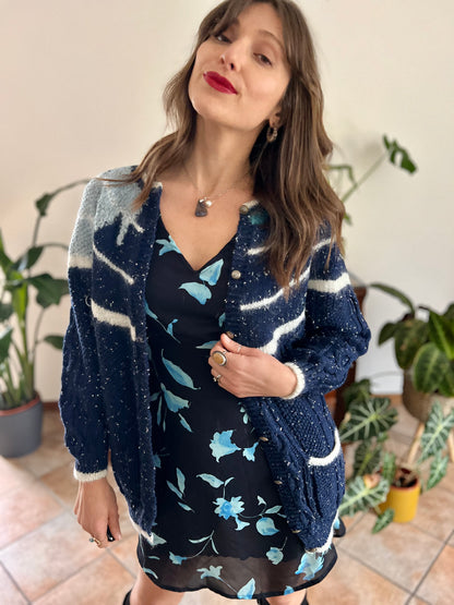 1970's vintage navy blue and cream speckled hand knit cardigan with turquoise asymmetric design