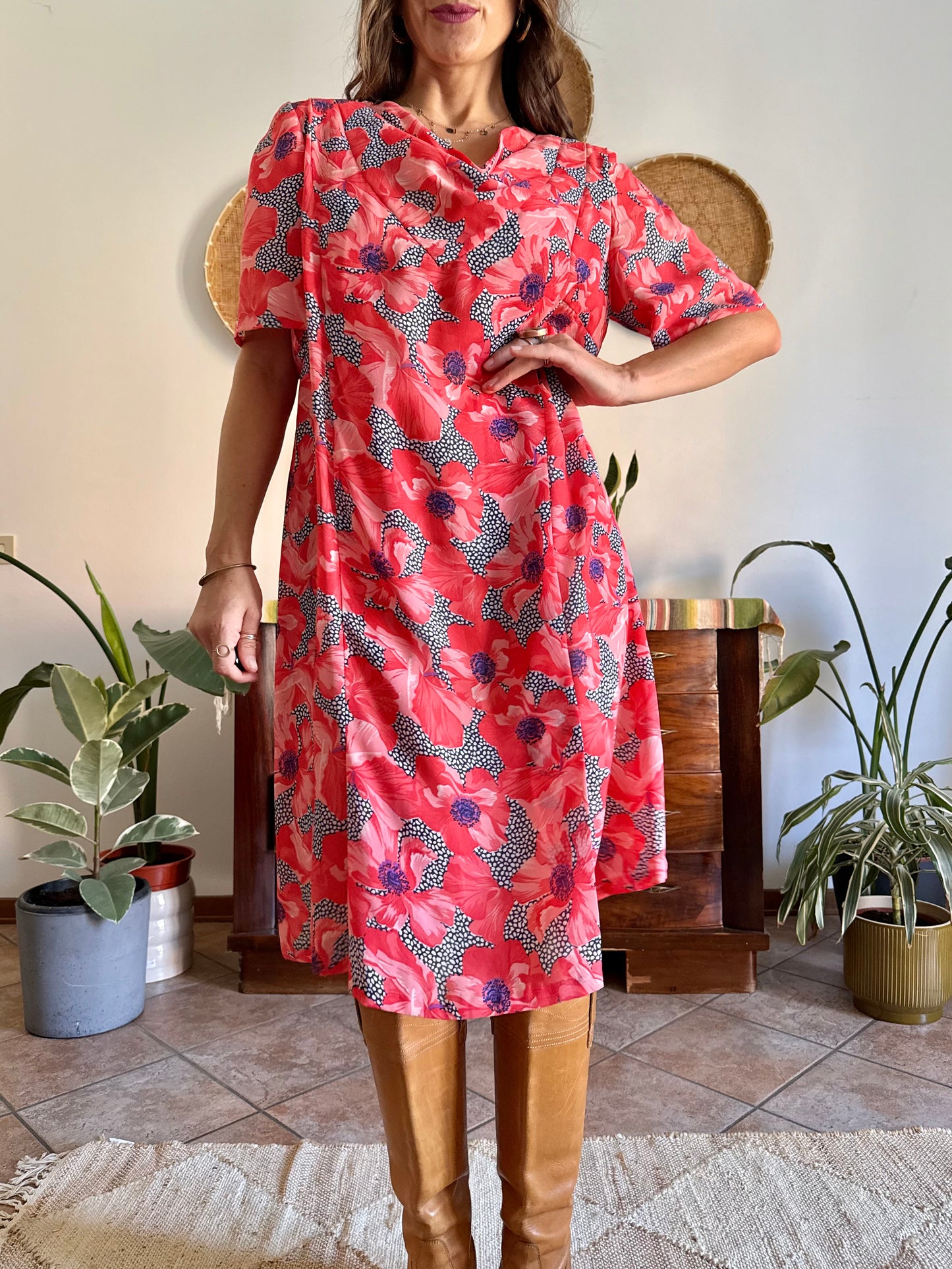 1960’s vintage punk and purple floral print midi dress with cowl neck