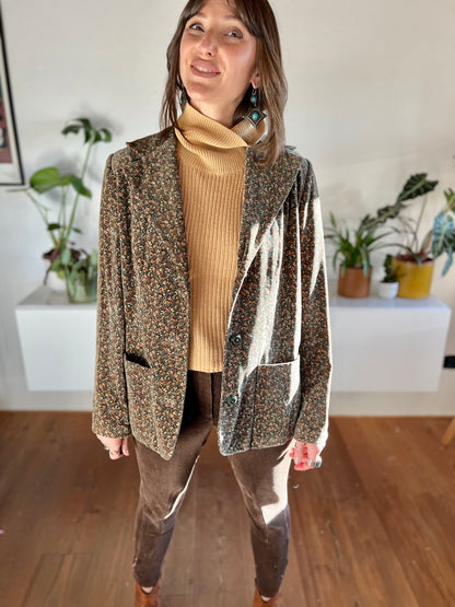 1970's vintage khaki velvet blazer with pink and cream floral print