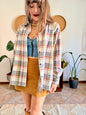 1970's vintage red, green and cream textured western style plaid button down shirt