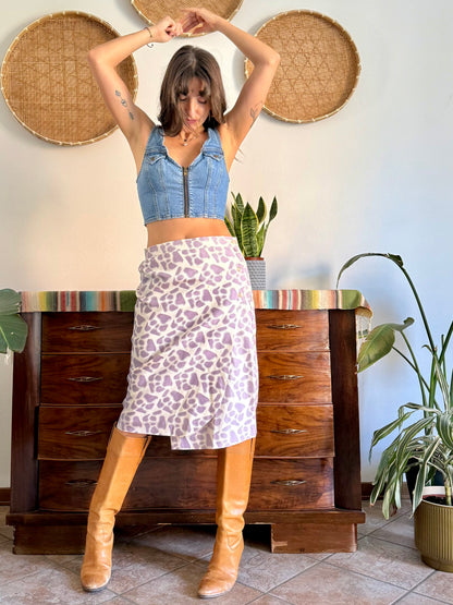 1970's vintage lilac and cream raw silk animal printed midi skirt