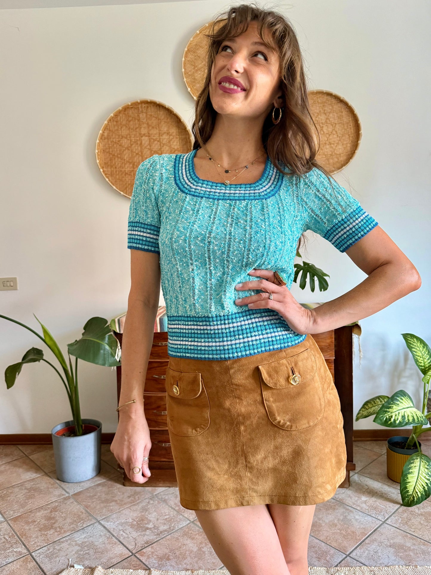 1970’s vintage turquoise,cream and blue textured knit top