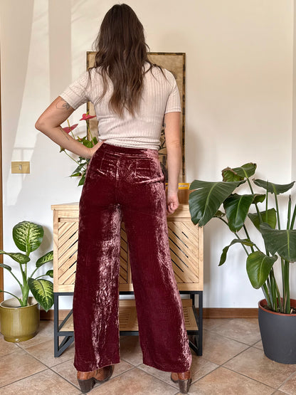 Burgundy crushed velvet wide leg trousers
