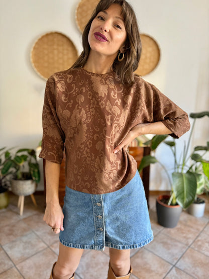 1970's vintage brown woven floral tapestry blouse