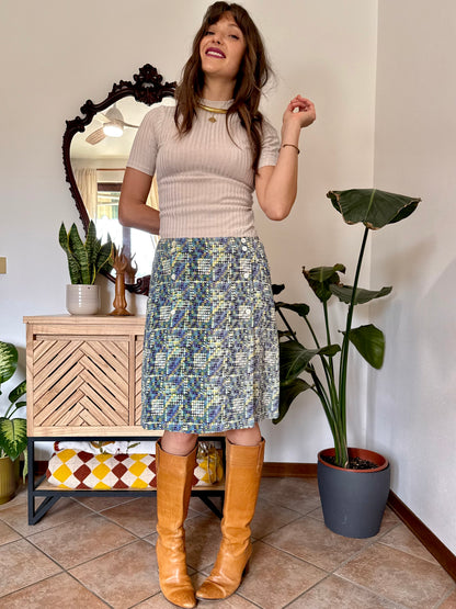 1970’s vintage turquoise, lilac and green geometric print silk midi skirt