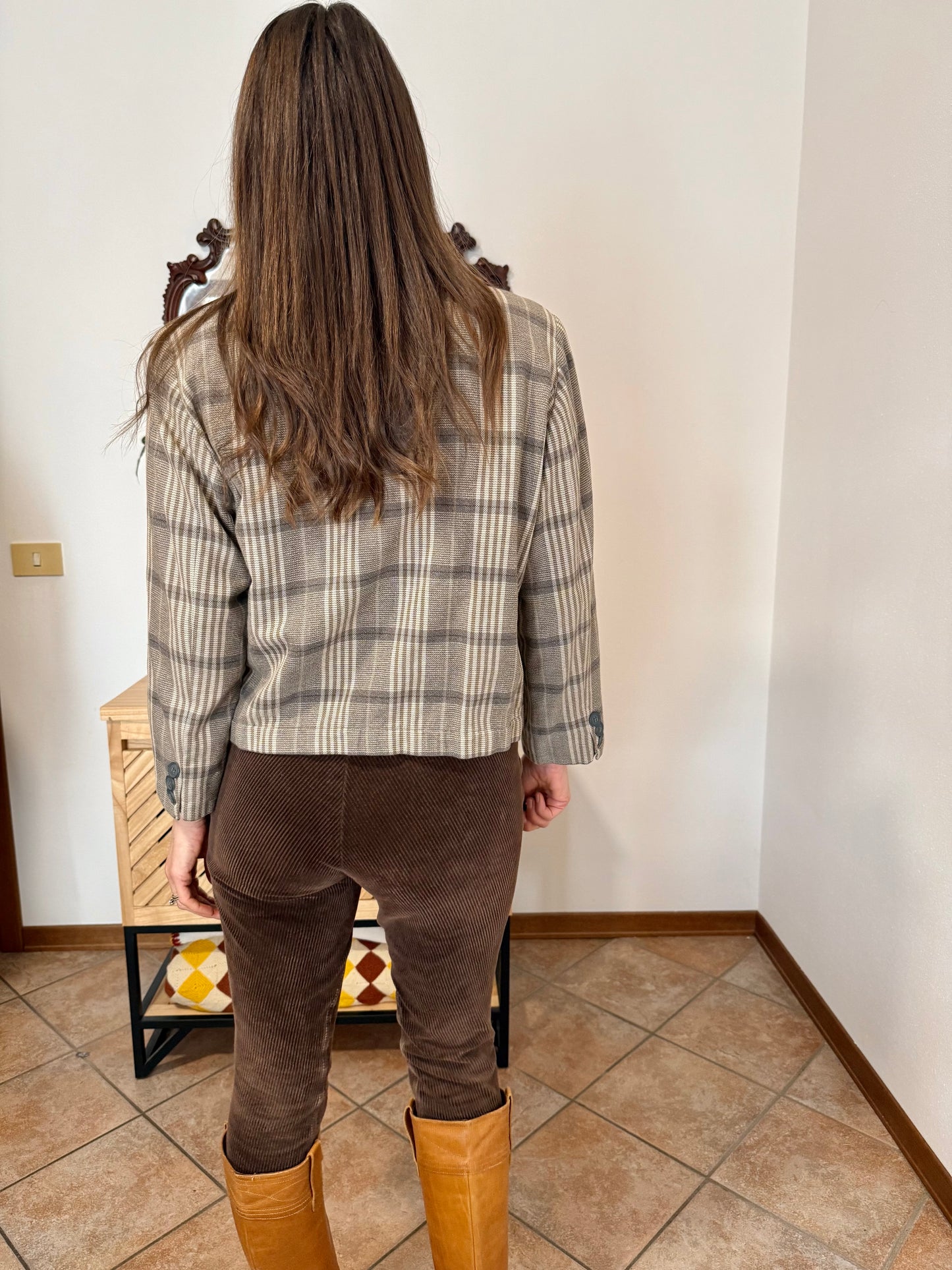 1970's vintage brown and cream plaid cropped blazer
