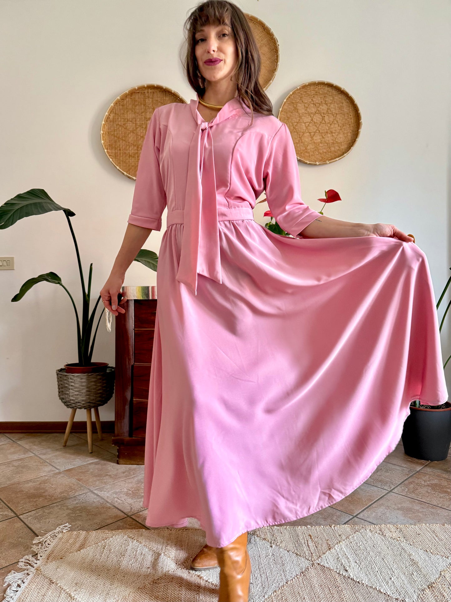 1970’s vintage pink maxi dress with bow tie collar