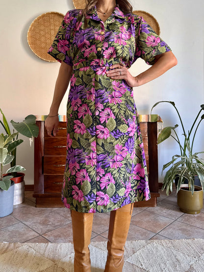 1960’s vintage, pink purple and green floral midi dress with matching belt
