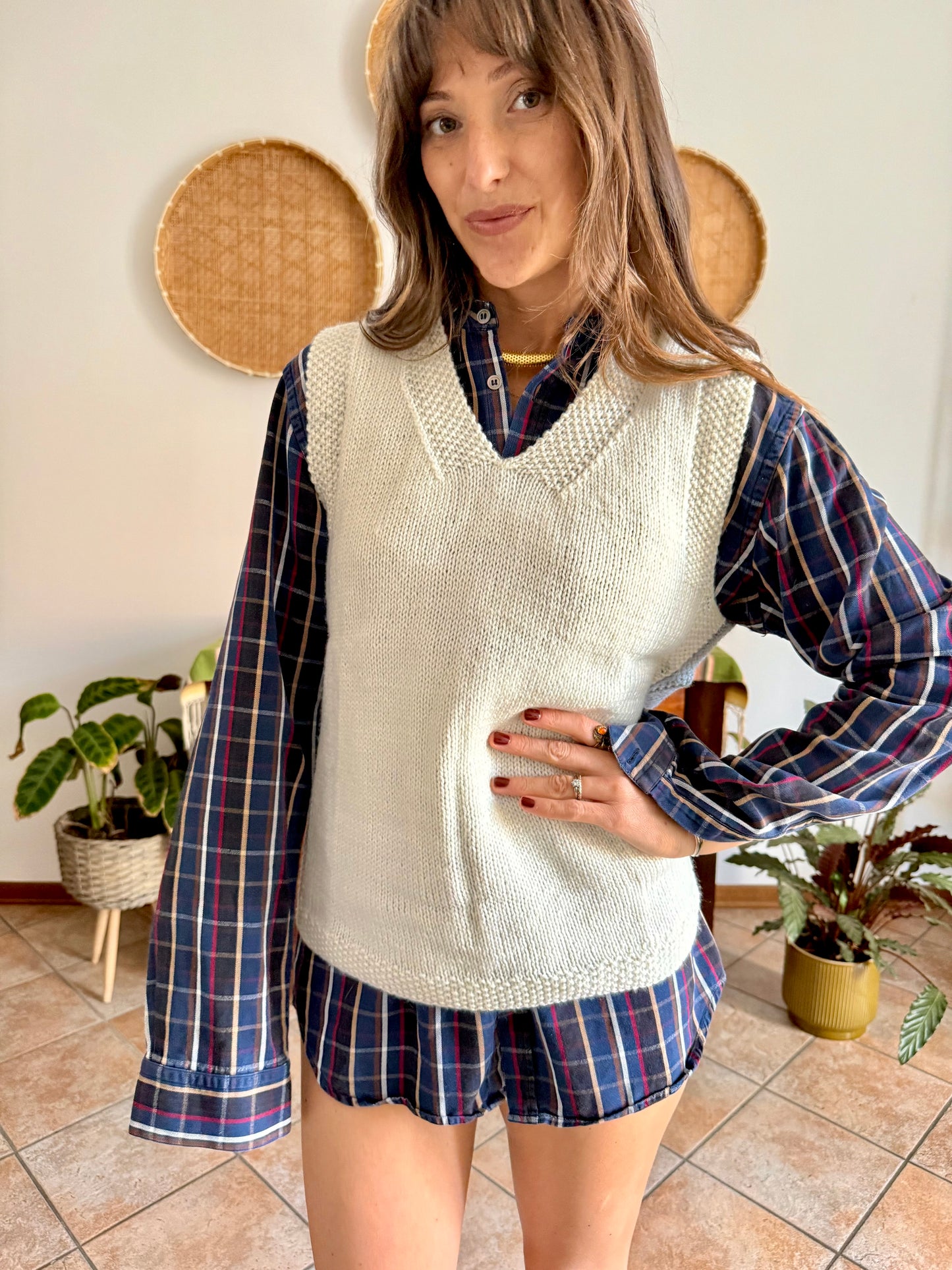 1970's vintage white and grey hand knit wool vest