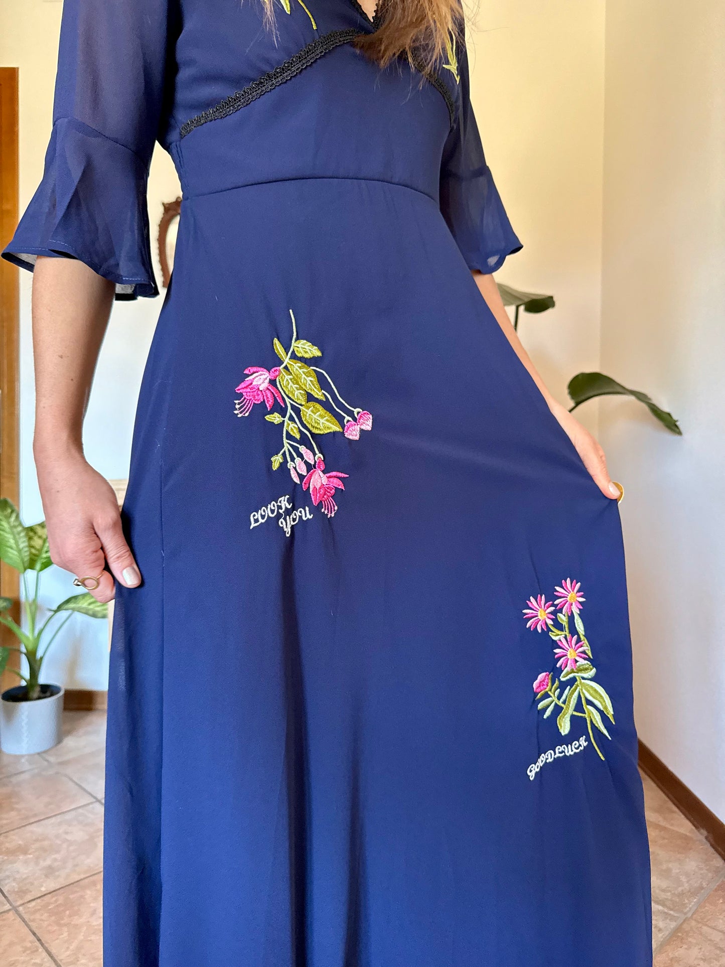 Y2k vintage navy blue belle sleeve maxi dress with floral embroidery