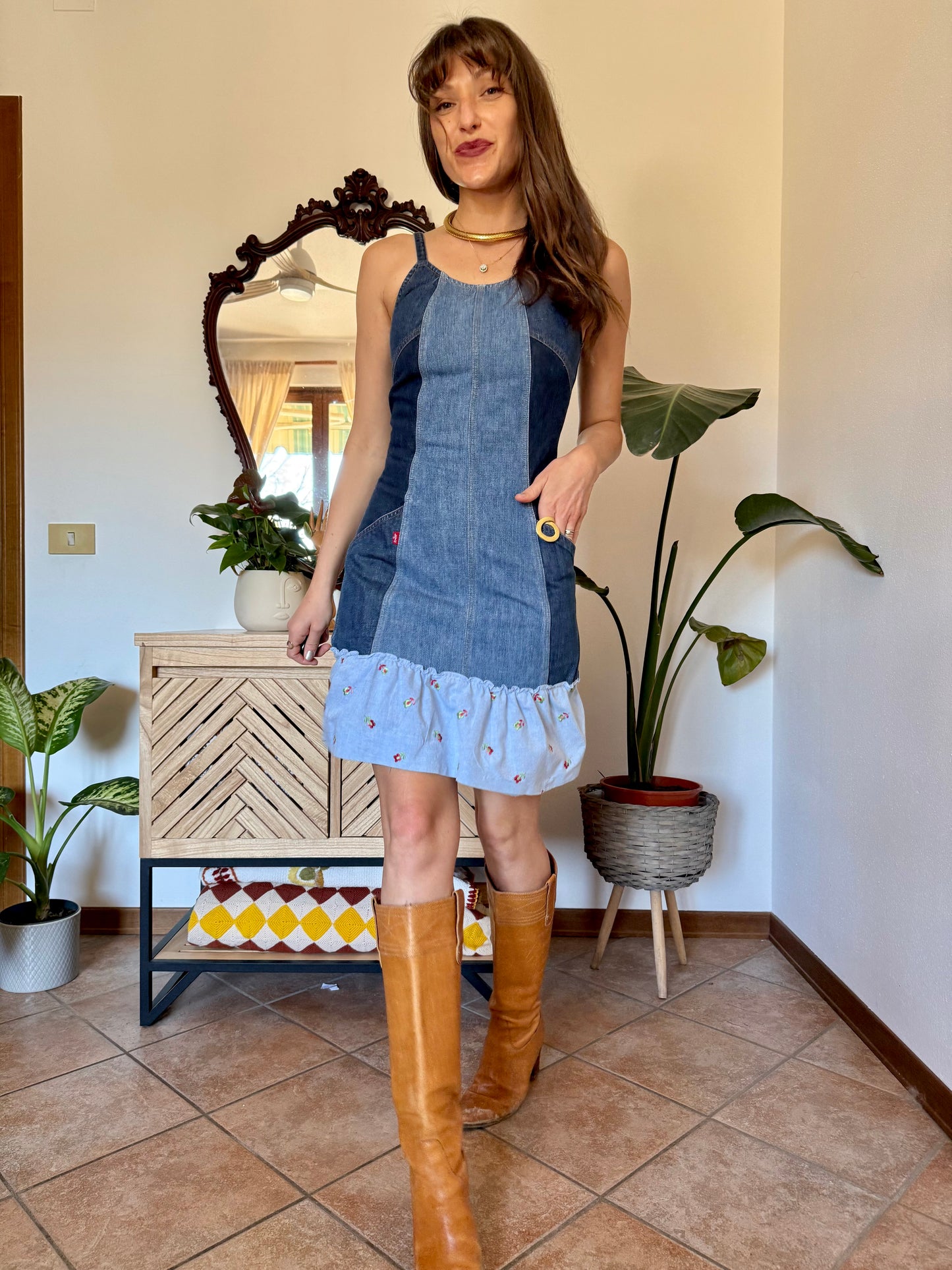 Y2k vintage denim Levi's mini dress with floral embroidery ruffle trim