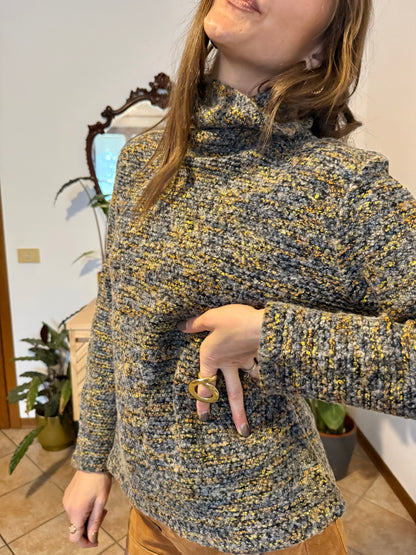 1990's vintage charcoal grey, yellow and blue boucle knit turtleneck pullover