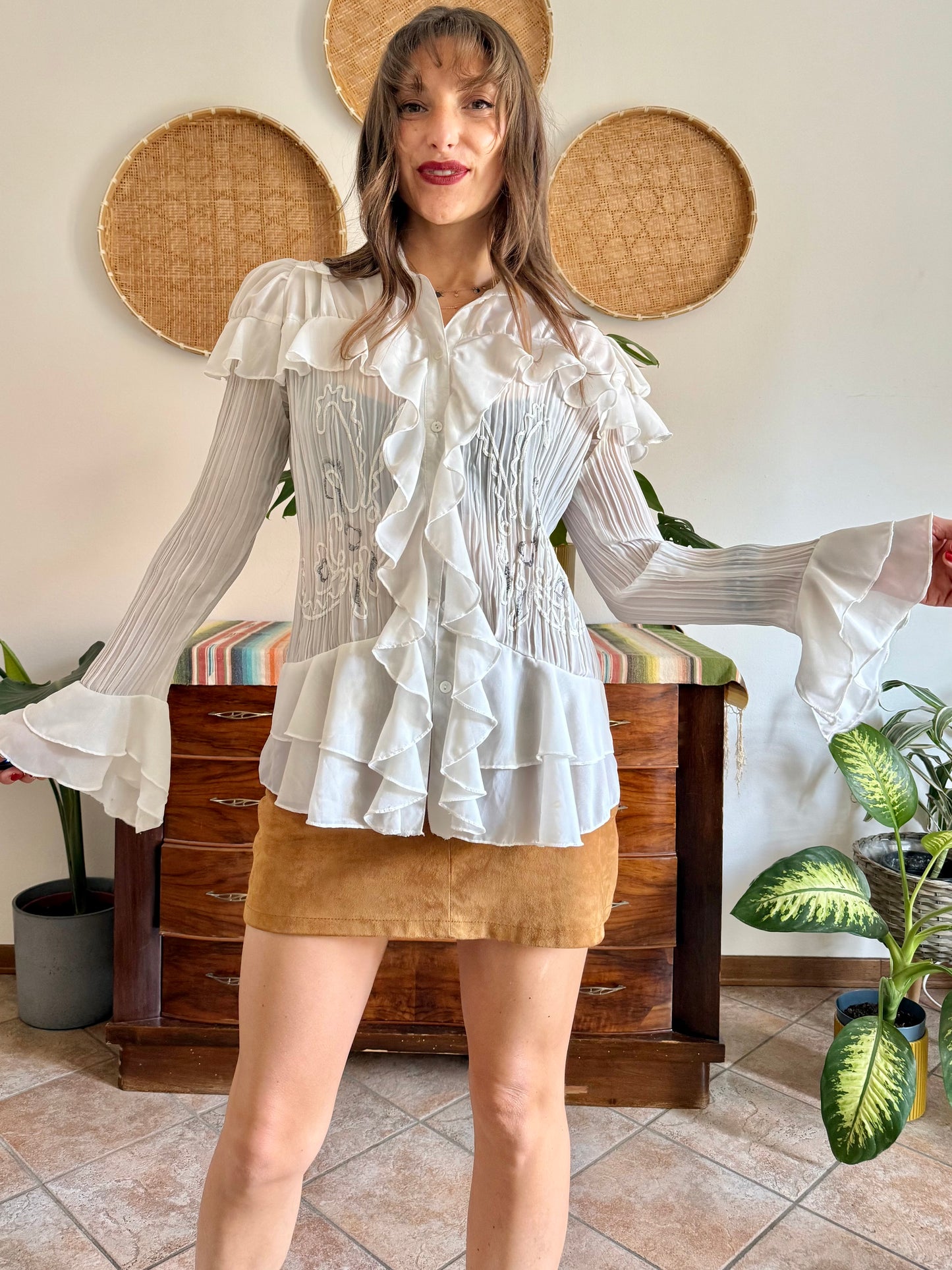 1990’s vintage sheer white silk blend textured ruffle blouse with bell sleeves and floral embroider