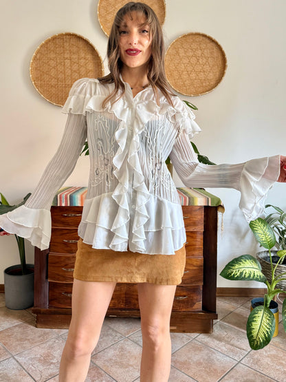 1990’s vintage sheer white silk blend textured ruffle blouse with bell sleeves and floral embroider