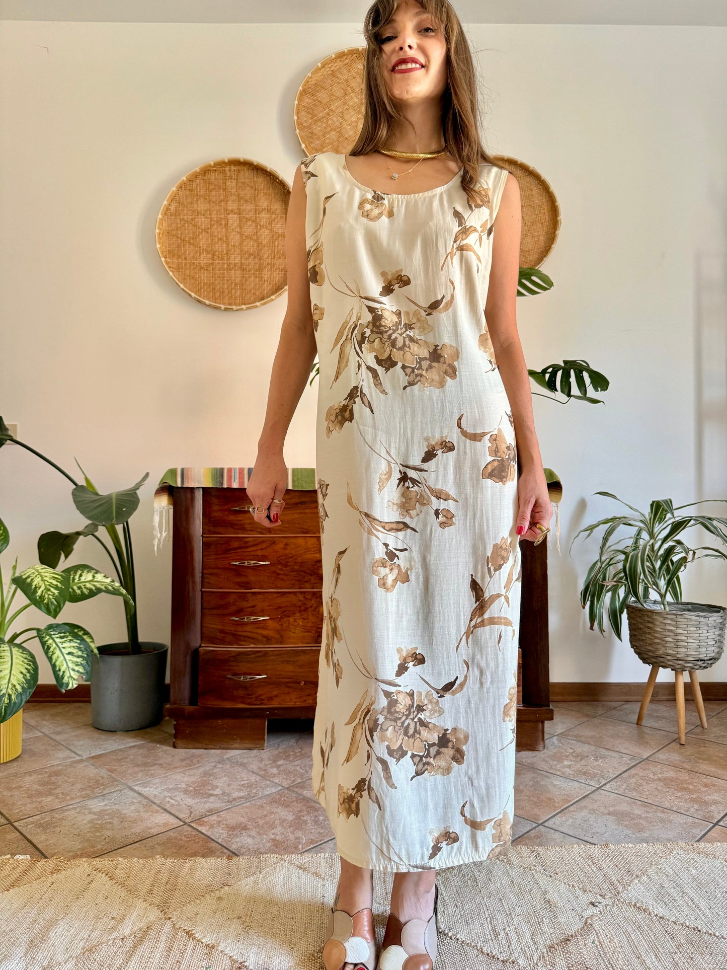 1990's vintage beige floral maxi dress with chocolate brown floral print