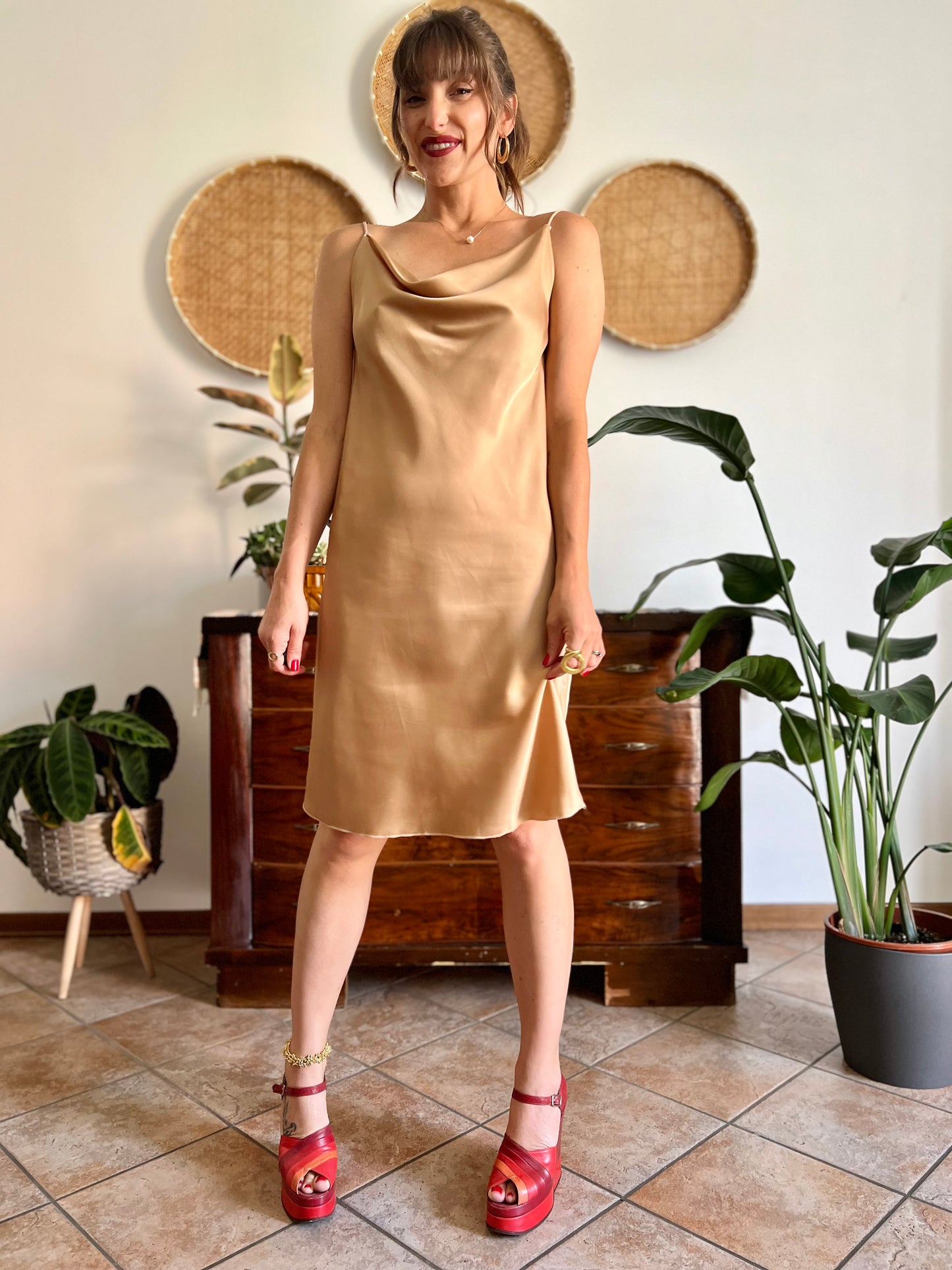 1990's vintage tan satin slip midi dress with cowl neck