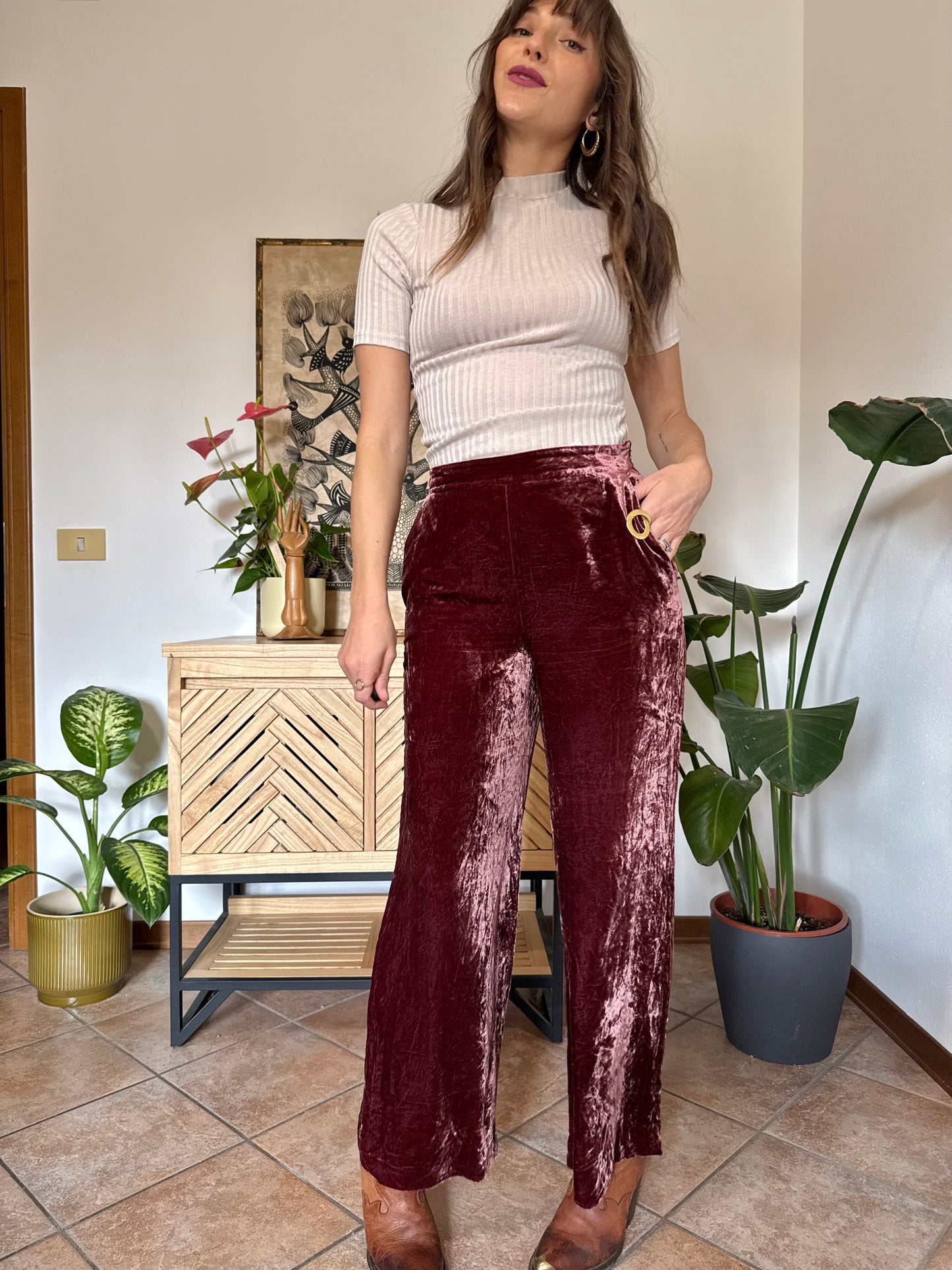 Burgundy crushed velvet wide leg trousers