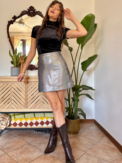 Silver and rainbow disco ball effect metallic mini skirt