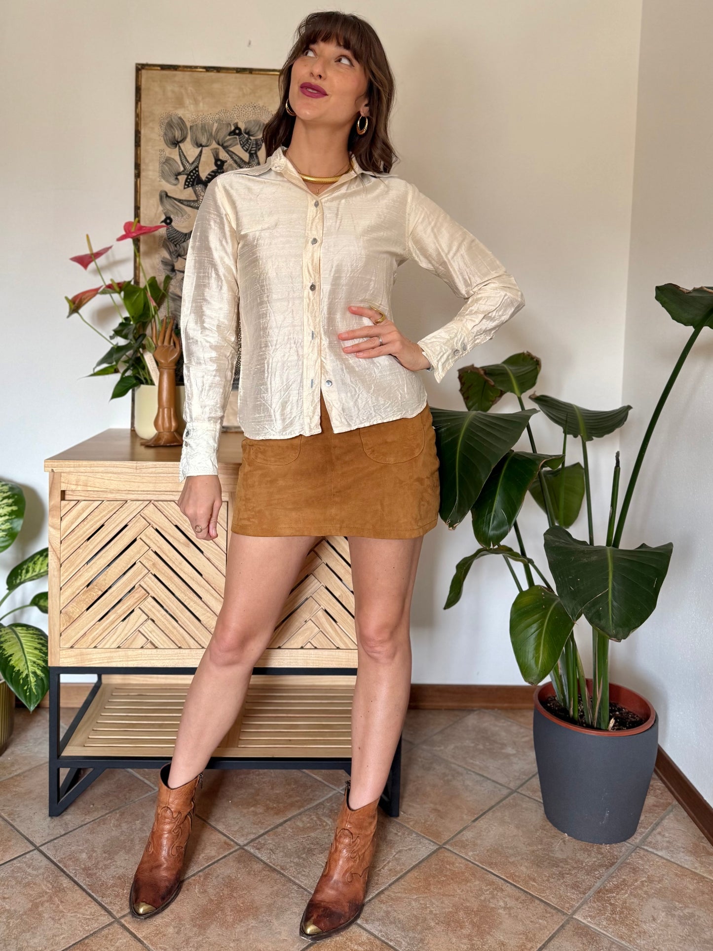 1990’s vintage cream raw silk textured blouse with mother of pearl buttons