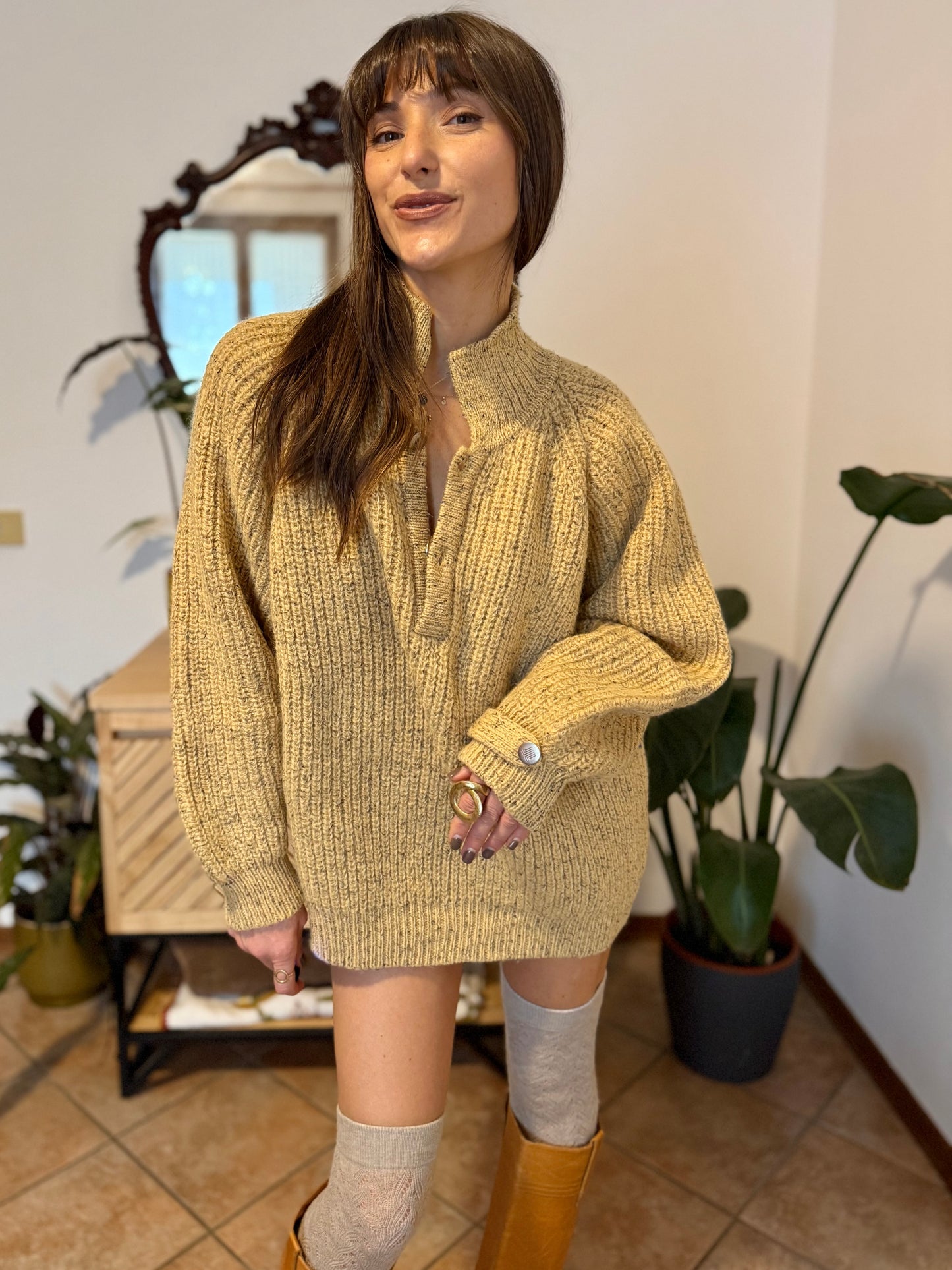1970's vintage yellow thick knit wool pullover with grey flecks throughout