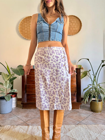 1970's vintage lilac and cream raw silk animal printed midi skirt