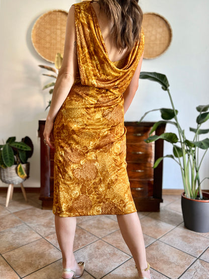 1960's vintage tan and mustard yellow floral print midi dress with cowl back