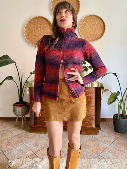 1990’s vintage purple and fucsia double zip mock neck wool cardigan