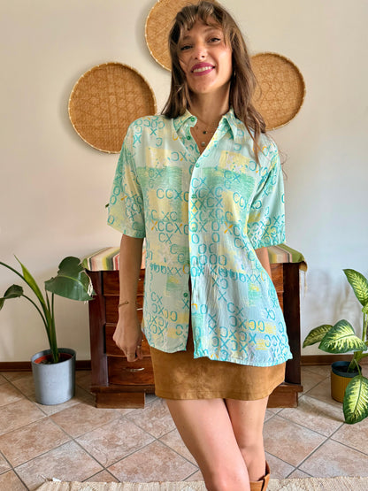 1990’s vintage yellow, teal and turquoise geometric print top