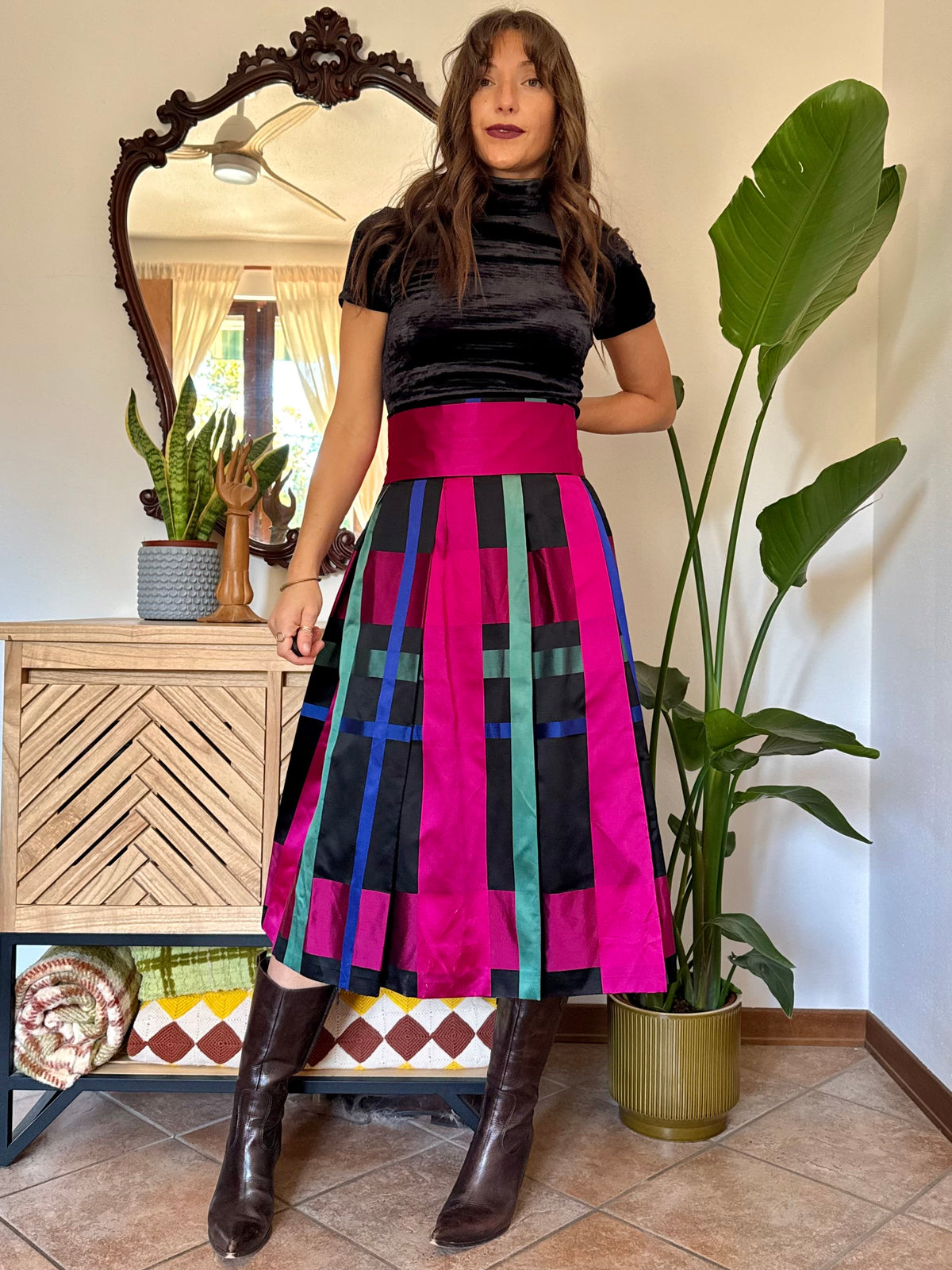 1970’s vintage black, fuchsia,green and blue plaid satin midi skirt