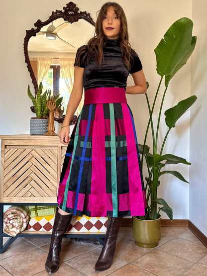 1970’s vintage black, fuchsia,green and blue plaid satin midi skirt